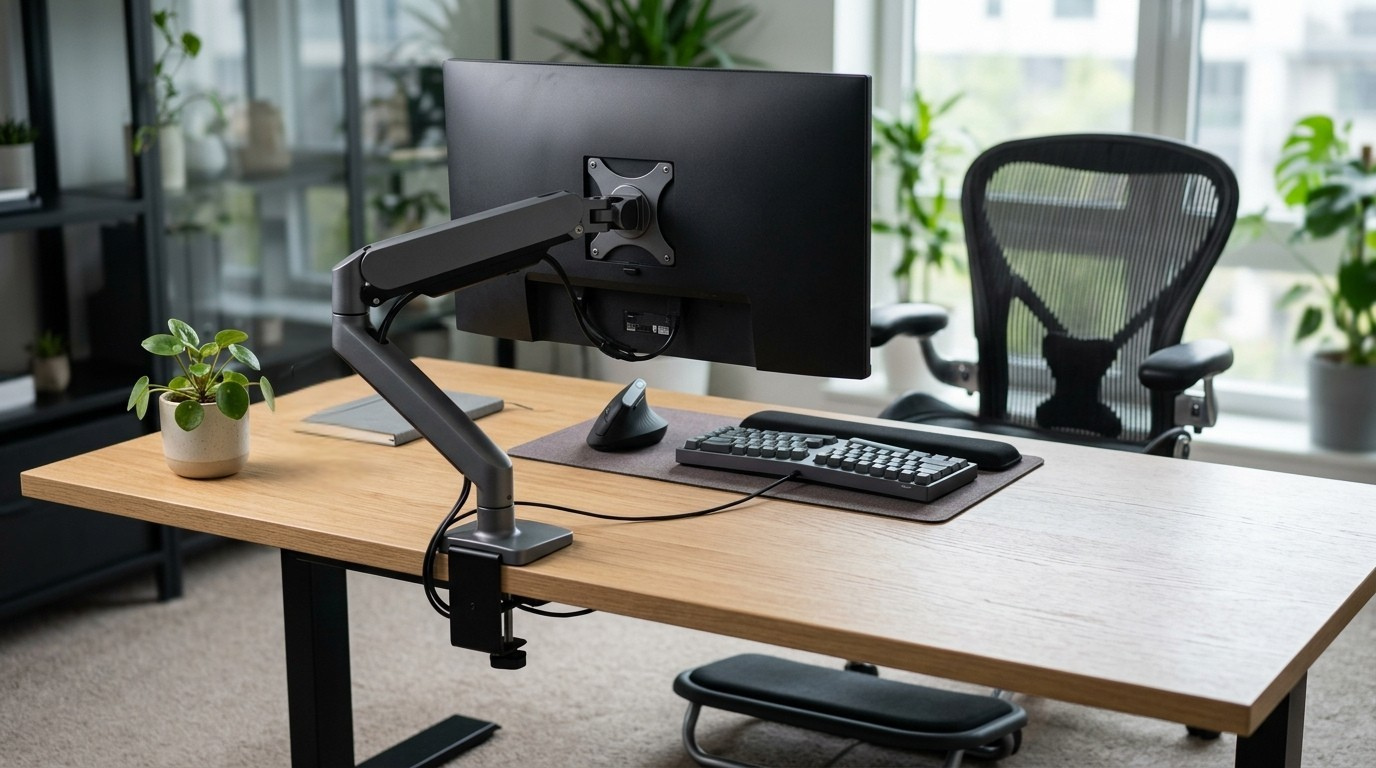 Držák na monitor, ergonomická myš, nožní opěrka a podložka pod zápěstí